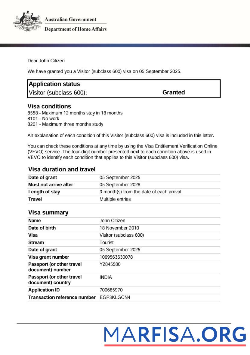 Printable Australia e visa template in Word and Pdf formats, version 2